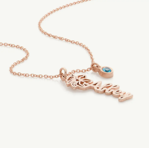 Blooming Birth Flower Name Necklace with Birthstone