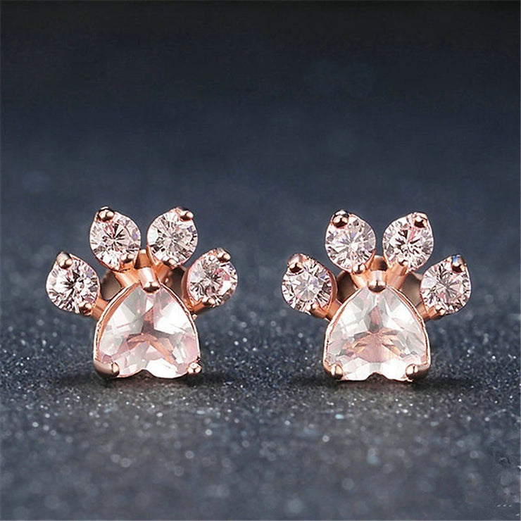 Pink Crystal Paw Design Zircon Stud Earrings