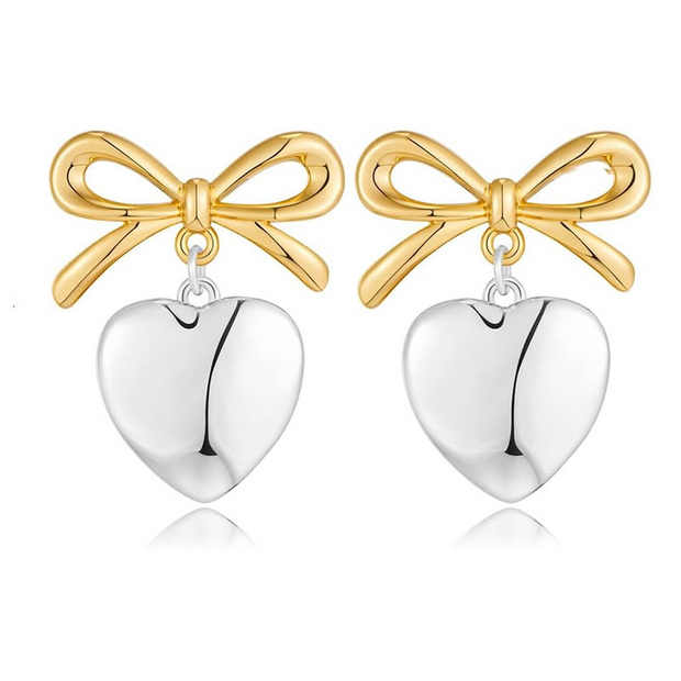 White & Gold Metal Ribbon Heart Earring