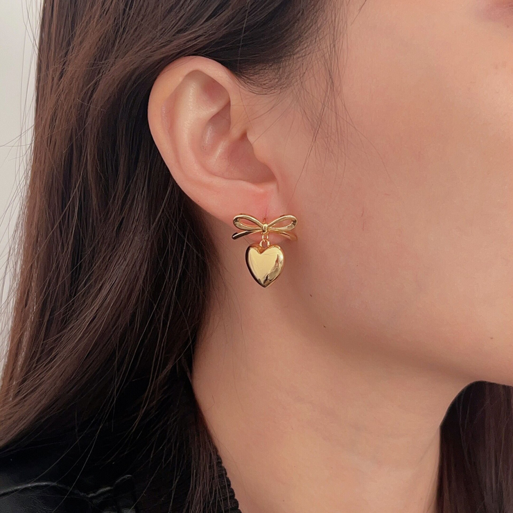 Gold Ribbon Heart Earrings