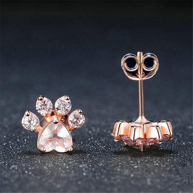 Pink Crystal Paw Design Zircon Stud Earrings