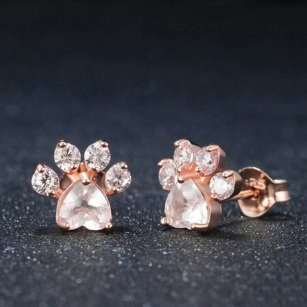 Pink Crystal Paw Design Zircon Stud Earrings