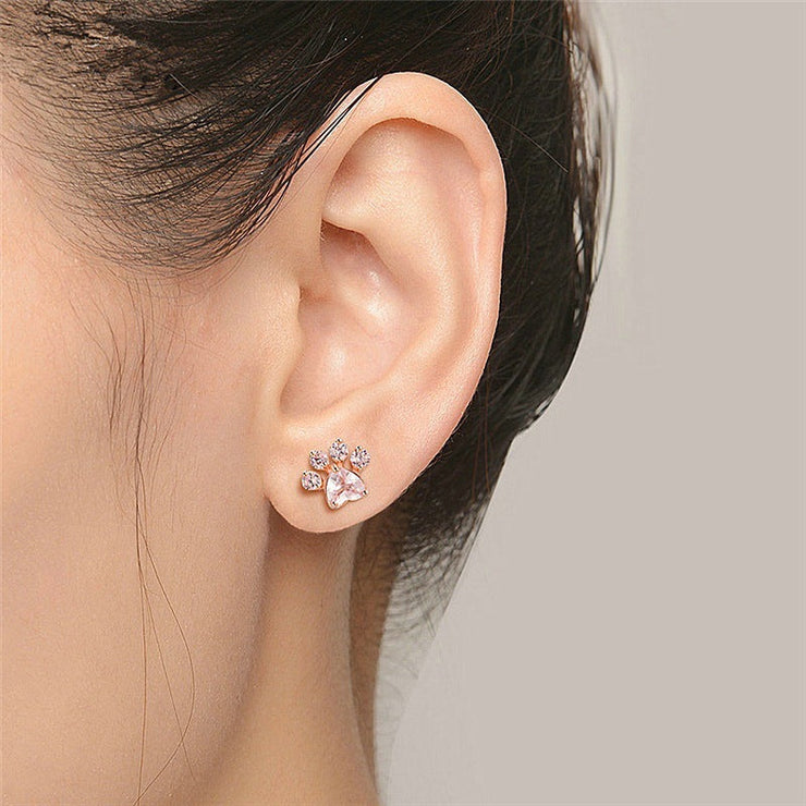 Pink Crystal Paw Design Zircon Stud Earrings